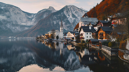 Wall Mural - Mountains and turquoise sky  with traditional houses reflected in the water of the lake.