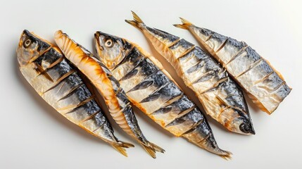 Sticker - Slices of tasty salted mackerel served on white table, flat lay