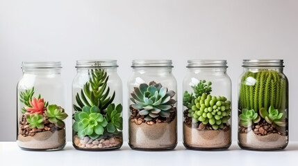 Succulent plants in jars lined up side by side