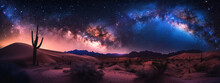 A Wide Landscape Of Desert Under A Starlit Night Sky. Night Landscape Of Desert With Sky Full Of Stars Generated By Ai
