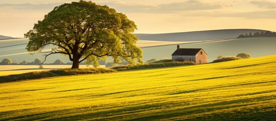 Wall Mural - Hampshire England's South Downs area has tree-lined fields with a prominent farmhouse, located in rolling hills of mixed farmland.