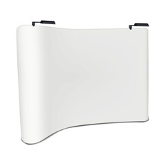 Curved trade show display with LED lights realistic mock-up. Trade show backdrop banner stand vector mockup