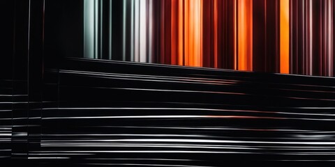 Technology futuristic background with colorful black, grey, silver, cyan, orange and graphite striped lines with highlights light effect on black background. Space for text. AI