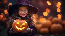 Little Girl Dressed As Witch Holding Lit Pumpkin In Pumpkin Patch.