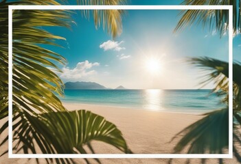 Sticker - Summer background with frame nature of tropical golden beach with rays of sun light and leaf palm Go