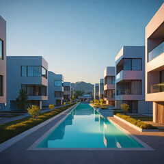 Evening street with high-tech houses with swimming pools and scenic lighting, concept of living in a high-tech house