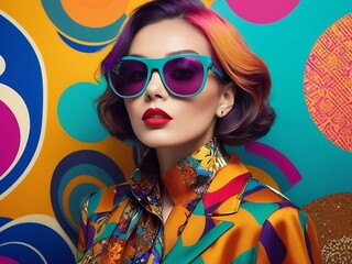 Wall Mural - Beautiful model with sunglasses,in vibrant background.