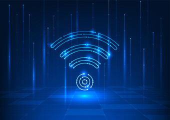 Wall Mural - Wi-Fi technology background, Wi-Fi icons are technology circuit lines. A signal wave that provides access to the internet, square background, high tech digital data transmission lines in the network