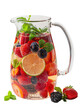 A colourful jug of water infused with forest fruits and citrus slices.