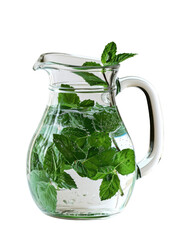 A jug full of water with fresh mint leaves for a cool, refreshing drink on a transparent background.