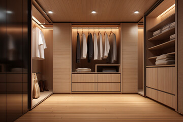 Wall Mural - Modern luxury style warm wood walk in closet, minimal walk in wardrobe dressing room interior.