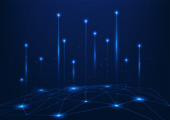 Fototapete - Abstract background technology, Composition of geometric lines connected to illuminated data lines. Showing high tech digital data transmission in network, Vector illustration, blue background.