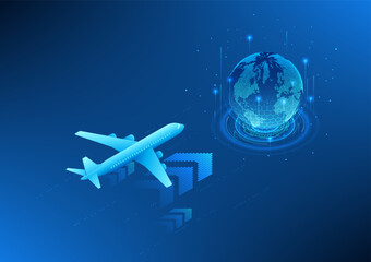 Poster - Transport and logistics business technology, airplane above arrow Pointing to the globe, concept of cargo aviation Using technology to help manage the transportation system, Isometric image