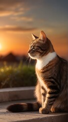 Wall Mural - Back view portrait of a sitting cat against sunset background, background image, generative AI