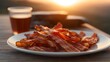 Crispy bacon strips on a plate against morning sunrise, background image, generative AI