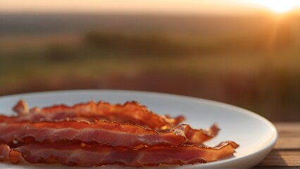 Wall Mural - Crispy bacon strips on a plate against morning sunrise, background image, generative AI