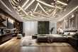 A modern room with a sleek ceiling design, illuminated by recessed lights and adorned with geometric patterns.