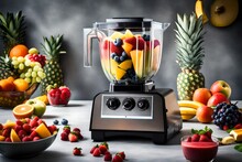 A Modern Blender With A Kaleidoscope Of Fresh Fruits, Ready To Be Blended Into A Smoothie.