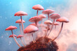Illustration of magic forest with beautiful big pink mushrooms. Close up of grop of fairy mushrooms on brown moss. Generative AI