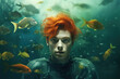 A fantastic male portrait of an attractive red-haired guy underwater. Generated by AI.