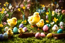 A Playful Scene Of Easter Chicks Exploring A Garden Filled With Miniature Easter-themed Props.