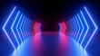 3d render, abstract futuristic background of neon arrows glowing in the dark. Energy concept. Blue red gradient, ultraviolet light. Modern minimalist technological wallpaper