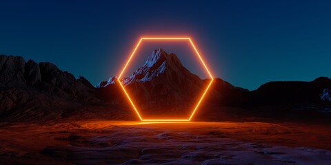 Wall Mural - 3d render. Abstract fantastic background. Red glowing neon hexagonal frame. Futuristic landscape of rocky mountain under the night sky. Extraterrestrial scenery. Virtual reality environment