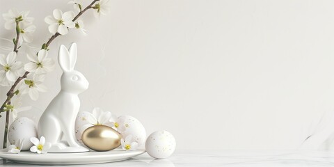 Wall Mural - Easter table with easter eggs and spring flowers and and a porcelain white figurine of a rabbit