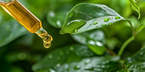 Pipette_with_essential_liquid_serum on green leaves