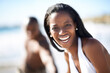 Happy, portrait and black woman at beach for travel, freedom and fun with husband in nature. Love, face and African couple on adventure for bonding, holiday or romantic summer vacation in Los Angeles