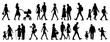 vector illustration. silhouettes of people walking along the street. Large set of characters of different ages.