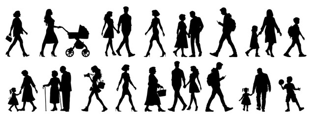 vector illustration. silhouettes of people walking along the street. large set of characters of diff