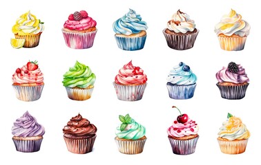 set of different cupcakes on white background in watercolor style.