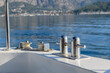 Stainless steel cleat on a superyacht. Mooring arrangements. Rollers. Marine hardware. Mooring.