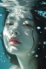 Wall Mural - Underwater portrait of beautiful young Asian woman with natural makeup. Skin care concept