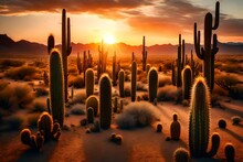 A Cactus-filled Desert Landscape, With The Spiky Plants Standing Tall Against A Vibrant Sunset, Depicting The Harsh Yet Beautiful Desert Environment.