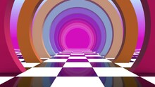 Retro Animated Background With Black And White Checkered Floor, Vaporwave Aesthetics, Pastel Colors. Chess Board Style Loop. Surreal Vaporwave With A Checkerboard Floor. Abstract Circle Tunnel