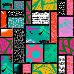 Poster - Colorful seamless pattern with collage art texture. Modern contemporary art background, triangles geometric shape hand drawn print, maximalist patchwork paint