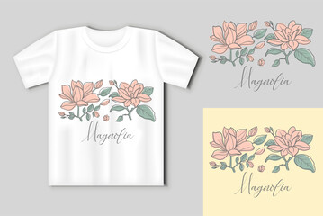 Wall Mural - Vector graphic linear illustration of a sprig of magnolia flowers. Vector concept with t-shirt mockup