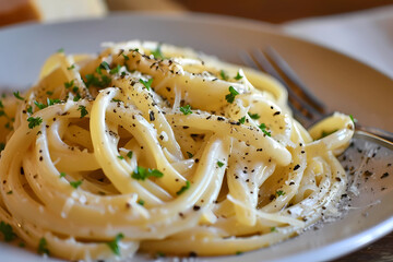Wall Mural - Cacio e Pepe, a classic Roman pasta dish, delights with its simplicity, featuring al dente spaghetti enveloped in a luscious sauce crafted from Pecorino Romano cheese and freshly ground black pepper
