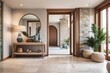 Interior home design of modern entrance hall with door and table with stone walls of the house on the coast