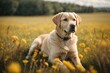 Perro labrador retriever, echado y alerta, en una pradera en el campo