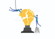 © happymeow - Team building, team collaboration for business ideas, teamwork to solve problems, strategy plan to work together for success concept, businessmen working together to solve light bulb puzzle.
