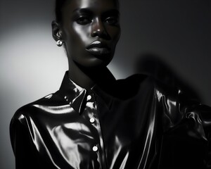 Wall Mural - African fashion woman in leather suit, isolated on black background, dark theme	
