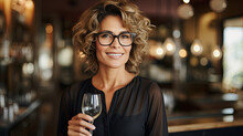 Business Mature Woman Holding A Glass Of Champagne Wine And Smiling While Standing At The Bar With Beautiful Bokeh Light Created With Generative AI Technology
