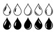 Drop symbol in black color with white shine. Oil, water, blood drop symbol icon set of five in black color with fill and outline. Water drop shape. Water, oil drops set isolated on white background.