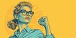 girl in a blue blouse and glasses in retro style with a feminist, hand clenched into a fist, banner, copy space