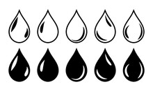 Drop Symbol In Black Color With White Shine. Oil, Water, Blood Drop Symbol Icon Set Of Five In Black Color With Fill And Outline. Water Drop Shape. Water, Oil Drops Set Isolated On White Background.