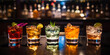 Variety of alcoholic drinks and multi colored cocktails on the reflective surface of bar counter. Blurred shelves with bottles on background. AI generative.