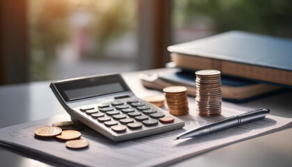 Tax form, Calculator, few coins, papers money, book, tax form, and pen on table.